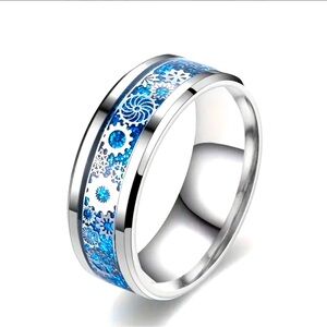 New Sz13 cool gears design steampunk ring with blue accents trendy wedding band